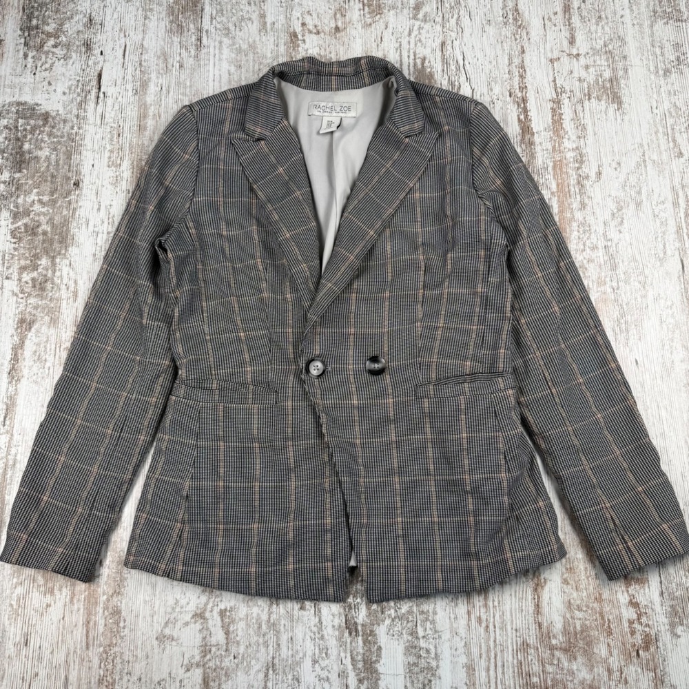 Rachel Zoe Womens Glen Plaid Double Breasted Blazer Jacket Grey Tan Sz M Career